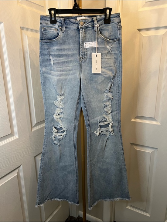 Risen Jeans Denim - Light Blue Distressed Flare Jeans - Women's Wide Leg